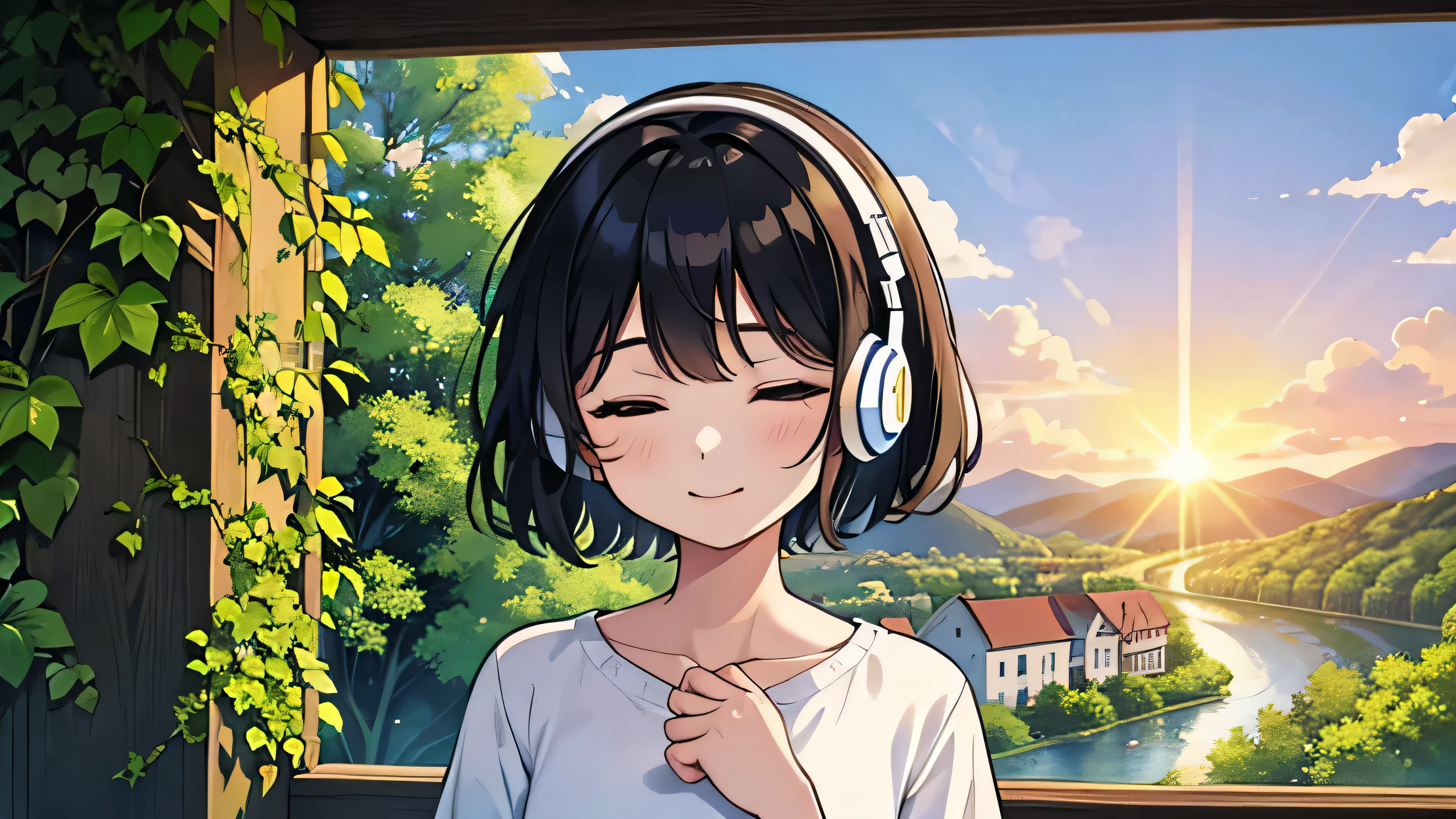 1girl, solo, b, flat chest, short hair, black hair, gentle smile on her face, white shirt, the sun shining light on her ((masterpiece, illustration, best quality)) 1girl, (abstract art by Gian Paolo Dulbecco:0.8) and (Kevin Hill:1.1) , fantasy, Rule of Thirds, landscape of a Pictorial Groovy Green ([The Rhine River|Plovdiv]:1.3) from inside of a Playhouse, Profound foliage with Ivy, at Sunrise, Embarrassing, Cleancore, split lighting, L USM, Mono Color, sgraffito, Bright design, contest winner, beautiful, closing eyes while listing to music while wearing headphones
