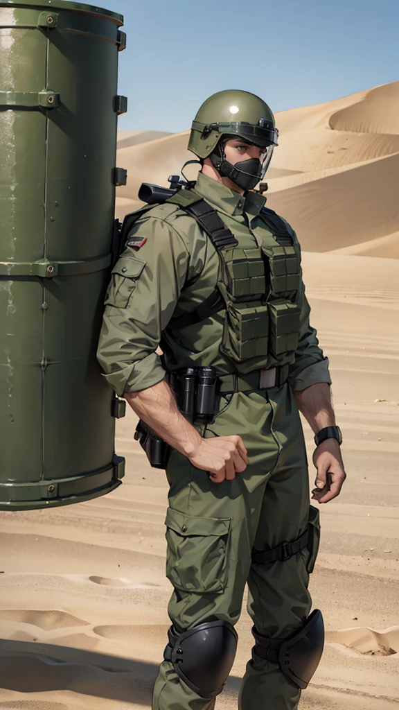 olive green armed guard with helmet and riot shield looking angry at me in desert