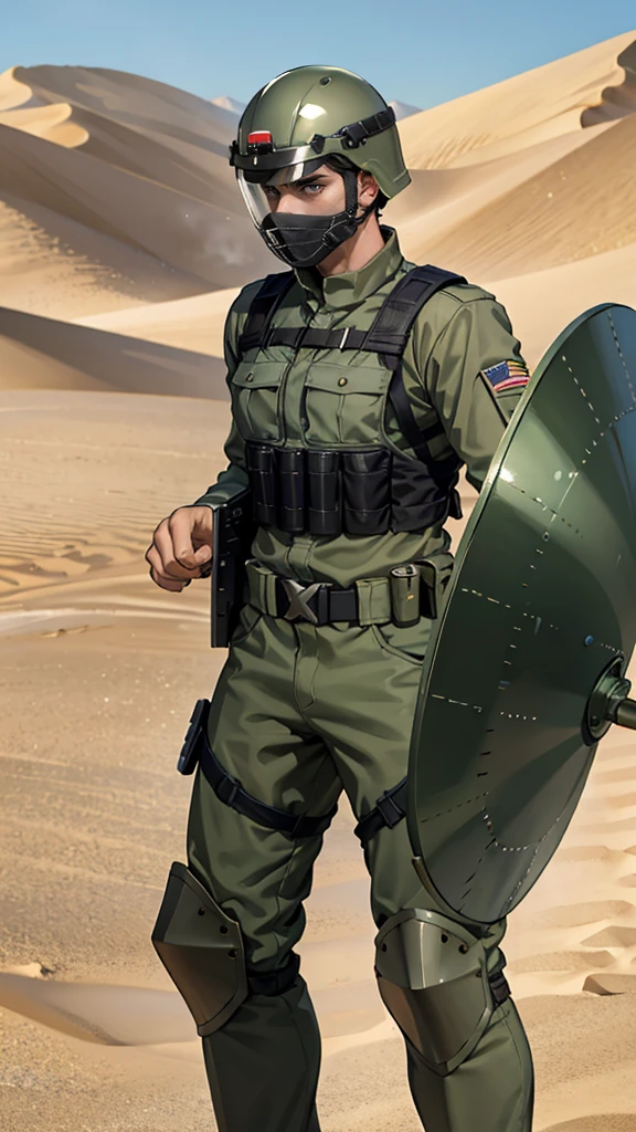 olive green armed guard with helmet and riot shield looking angry at me in desert