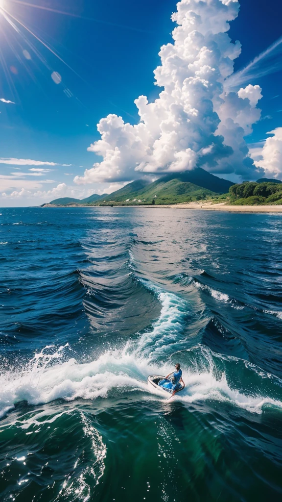 (Highest quality,masterpiece:1.3,Ultra-high resolution),(Super detailed,Caustics,8K), (Photorealistic:1.4, RAW shooting),Clear blue sea,Blue sky,White cloud,Boat,sun,Wave,Natural light,Low position,Low - Angle