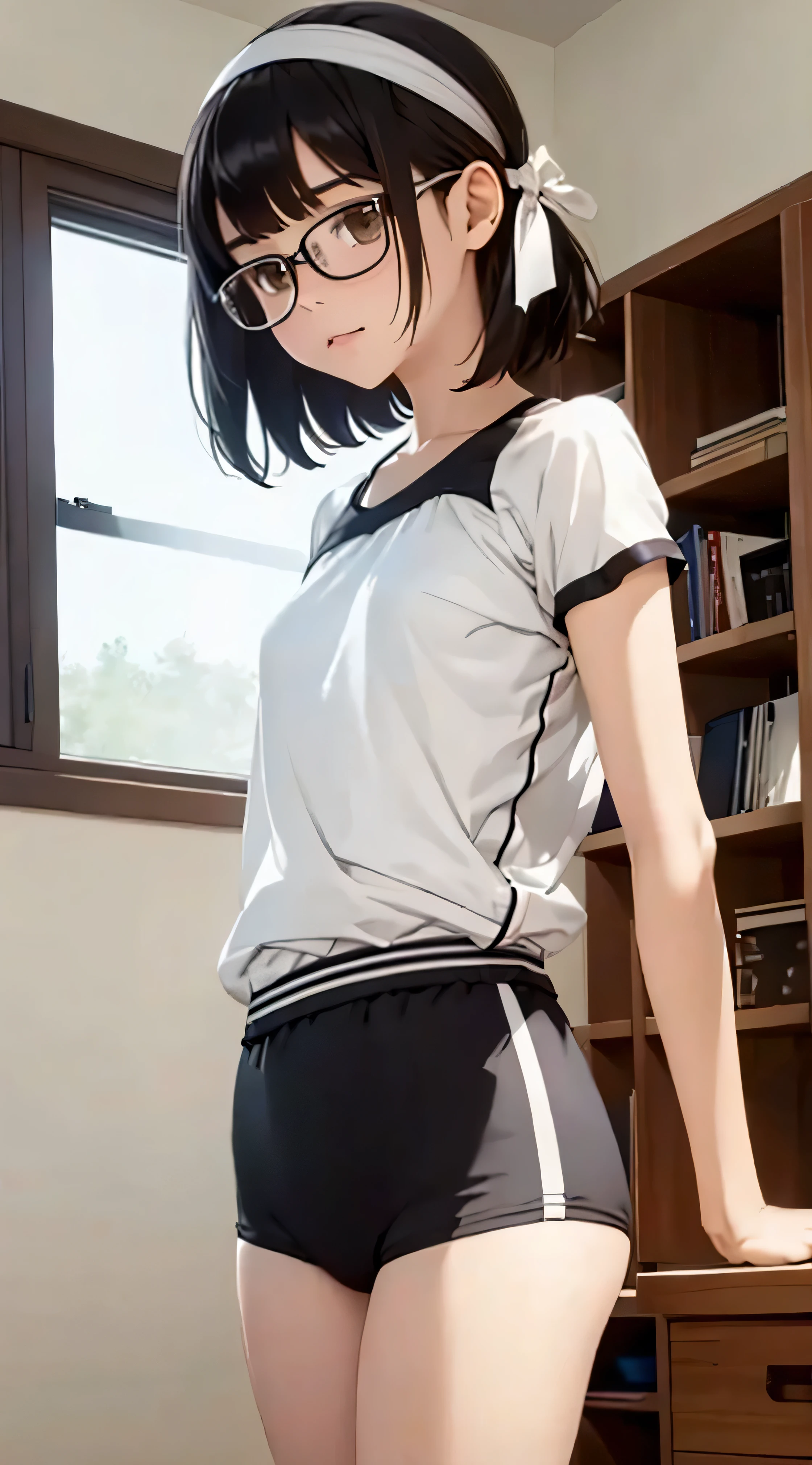 (Tabletop, Highest quality, Capture the cutest moment, Depth of written boundary, Ultra-detailed, Ultra-high resolution, C4D, Octadale, 3D Modeling, 8K, 16K, One Girl,, small ,Black-haired,short hair,Straight Hair,Light brown eyes,White headband,Wearing black glasses,Cute face), See-through gym clothes、bloomers、Shabby room,knight,Moonlight, Recall,