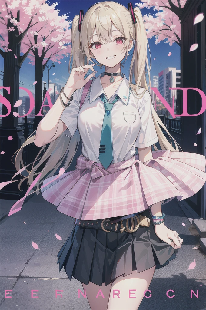 masterpiece, best quality,  full body,
1girl, bangs, black choker, black necktie, blonde hair, blue skirt, blush, bracelet, breasts, choker, clothes around waist, collarbone, collared shirt, cowboy shot, dress shirt, ear piercing, eyebrows visible through hair, gradient hair, grin, gyaru, jewelry, kogal, long hair, looking at viewer, loose necktie, necktie, piercing, plaid, plaid skirt, pleated skirt, red eyes, ring, , shirt, skirt, smile, solo, white shirt,
street, sky, cherry blossoms, petals,illustration, (magazine:1.3), (cover-style:1.3), fashionable, woman, vibrant, outfit, posing, front, colorful, dynamic, background,  elements, confident, expression, holding, statement, accessory, majestic, coiled, around, touch, scene, text, cover, bold, attention-grabbing, title, stylish, font, catchy, headline, larger, striking, modern, trendy, focus, fashion, Hatsune Miku