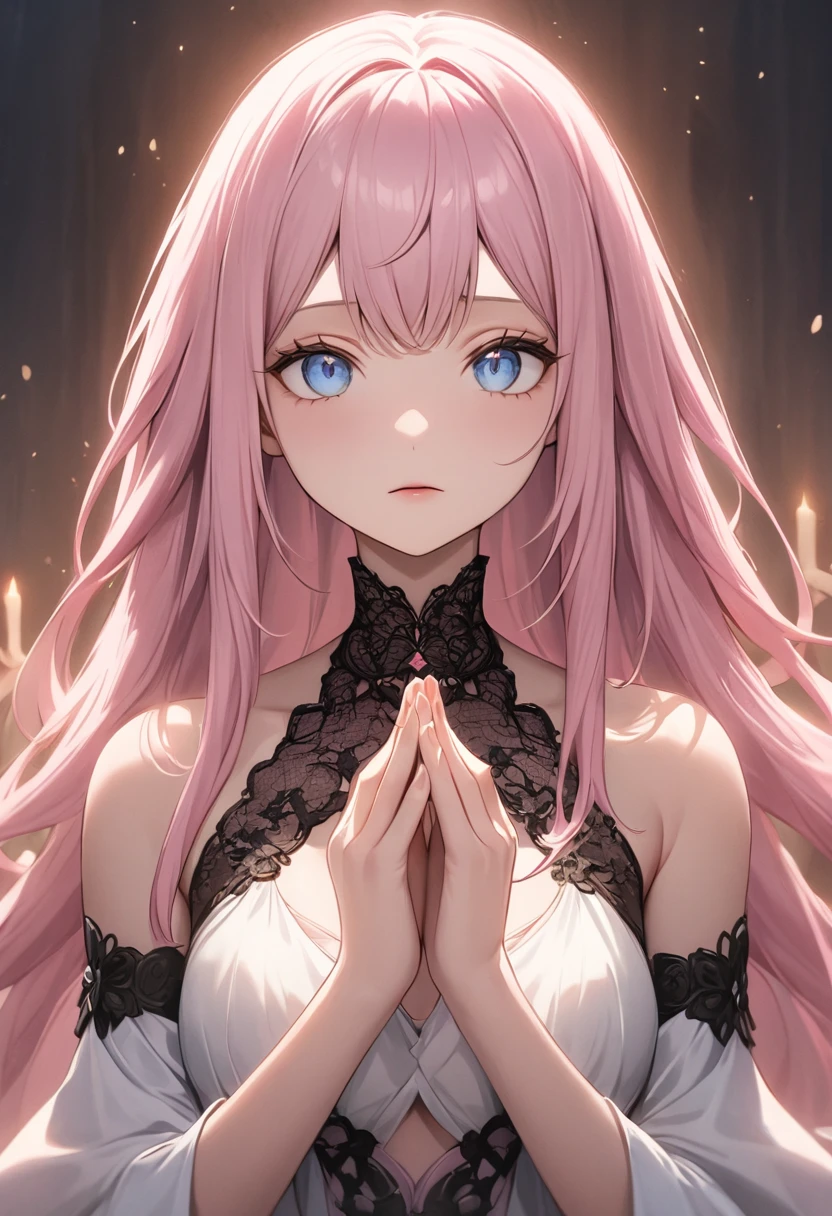 (masterpiece, 8K, Absurd, Digital Art, Digそれal Illustration, Realistic, Very detailed, Realistic lighting), (Perfect Face, Perfect Eyes, Perfect body),Lilia, One Girl、Pink long hair、blue eyes、White dress with black lace、A big pink ribbon on her chest., Meditating, Dusk, Symmetrical, Close-up, Dim and mystical, Character's hands, Stone-like, Spiritual, anime style, attractive anime, pixiv fan art