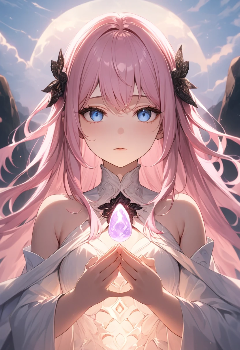 (masterpiece, 8K, Absurd, Digital Art, Digそれal Illustration, Realistic, Very detailed, Realistic lighting), (Perfect Face, Perfect Eyes, Perfect body),Lilia, One Girl、Pink long hair、blue eyes、White dress with black lace、A big pink ribbon on her chest., Meditating, Dusk, Symmetrical, Close-up, Dim and mystical, Character's hands, Stone-like, Spiritual, anime style, attractive anime, pixiv fan art