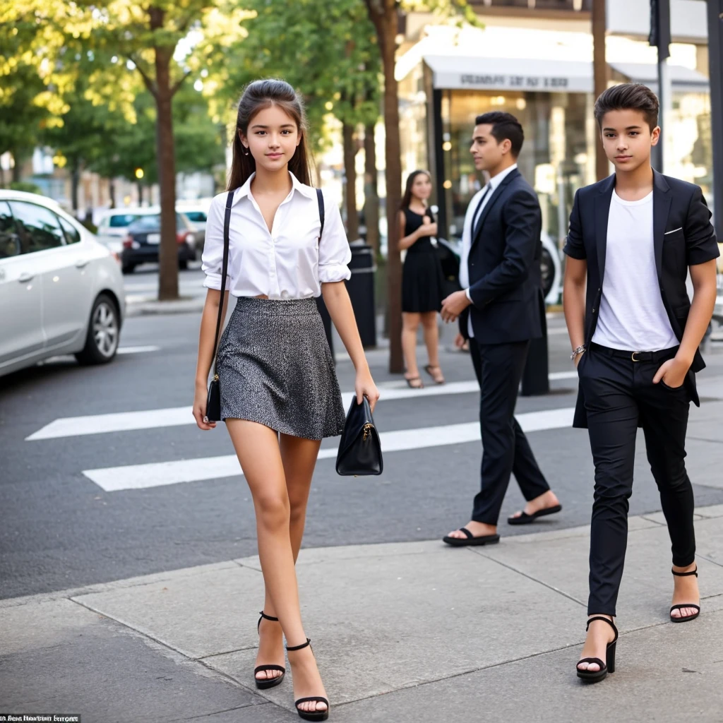 A beautiful 16-year-old girl is walking in a top, skirt and high-heeled sandals