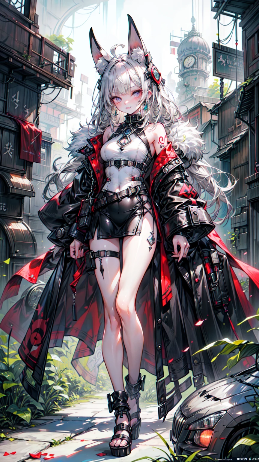 Realistic pictures of slaves (barbarian, Tribal, Dense forest)_vampire and (Gray Hair), bat fur, coat|wing, ((teeth)), Very colorful_detailed_(Tribal, Dense forest)_tight_(race, leather, fur, silk, satin, latex)_(clothing, skirt), High collar, detailed face, detailed beautiful shiny red eyes, Elongated pupils, (((Attractive laying))), Metal Reflection, ((tattoo, Marked)_and_The Shining_Runes)_fit_Muscular_body, Shiny skin, Tropical city ruins fog, (((One Girl))), Portraiture, (full body), Natural Breasts, medium length Gray Hair, masterpiece, Highest quality, beautifully、beautiful:1.2, Fractal Art:1.4, 16K, High resolution, RTTX10.0, Ray Tracing, Radio City, Anisotropic Filtering, Scattered under the surface、Machine Armor、Blake、（Dark Elf), (1 Girl), alone, Perfect Face, Get used to it, Ahoge, ((Long Hair:1.2)),[[Messy Hair]], Shiny blonde white hair, Purple eyes, Variegated eyes, Colorful Hair, Shining Eyes, (eyelash, eye shadow, pink eye shadow), bright, smile, Design Art：haruhiko mikimoto, by Kawashi, By Yoshitaka Amano