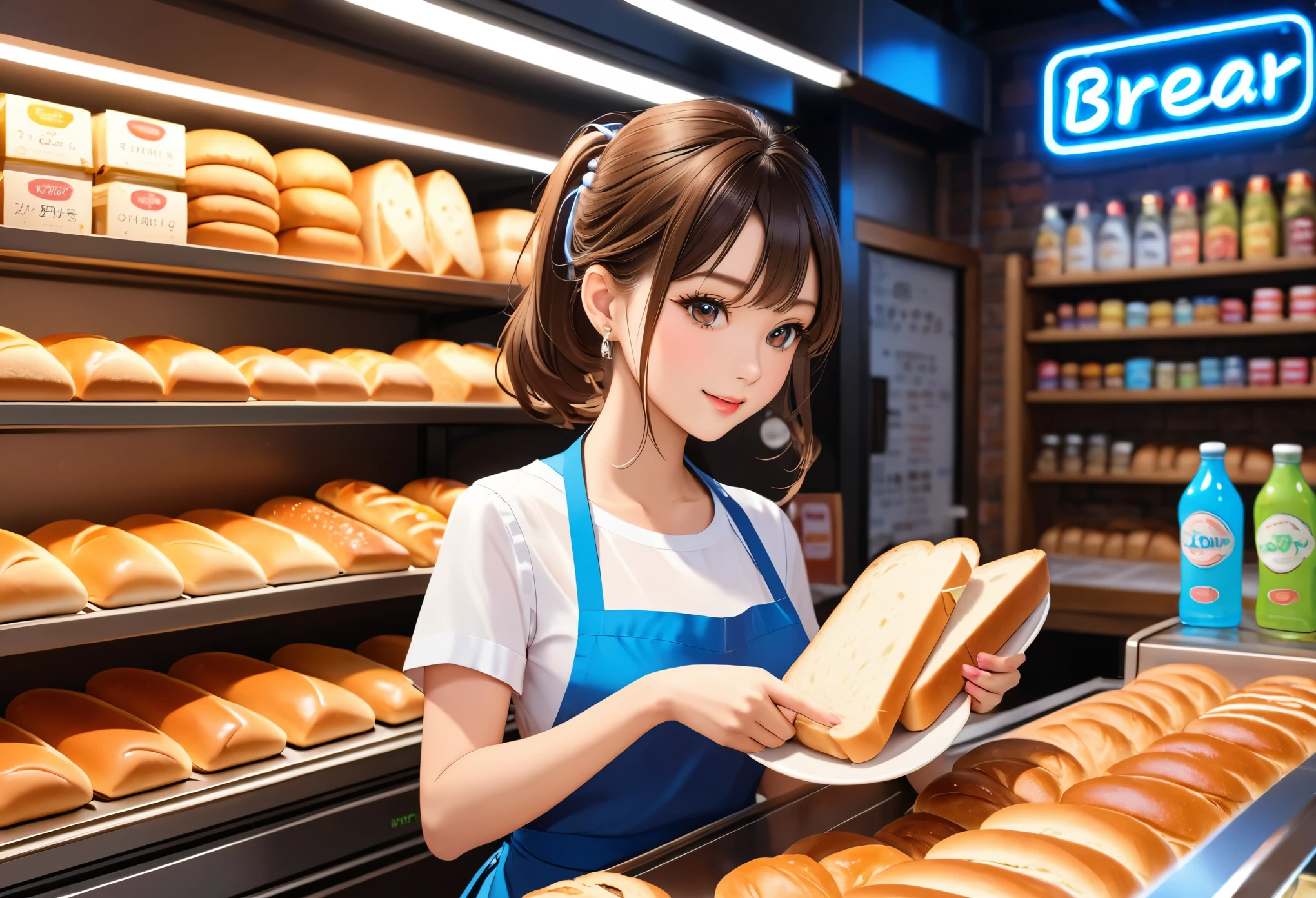 Bread store,A pretty girl,clerk,Making Sandwiches,_Give,A cute bear shop sign on the wall,neon light,shelves,Bread,Sandwiches,Bottled drinks,アニメ,Detailed Background,Depth of Field,CG unity,Hand drawn style,