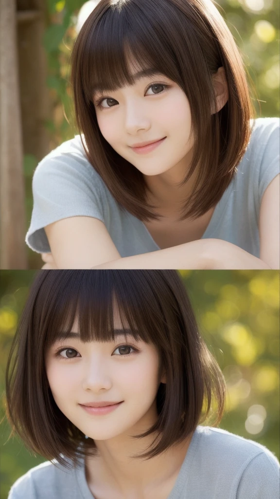 Top quality, 1 beautiful Japanese Actress, ,Bob Hair,blunt bangs, brown hair, shy-smile, beautiful face,large dark eyes,,real skin