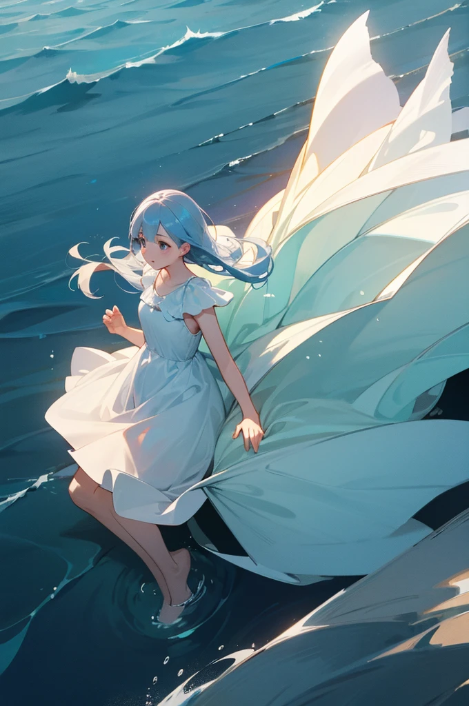 high resolution、Sea、in the sea、female、White Dress、The bottom of the dark sea、Light from above