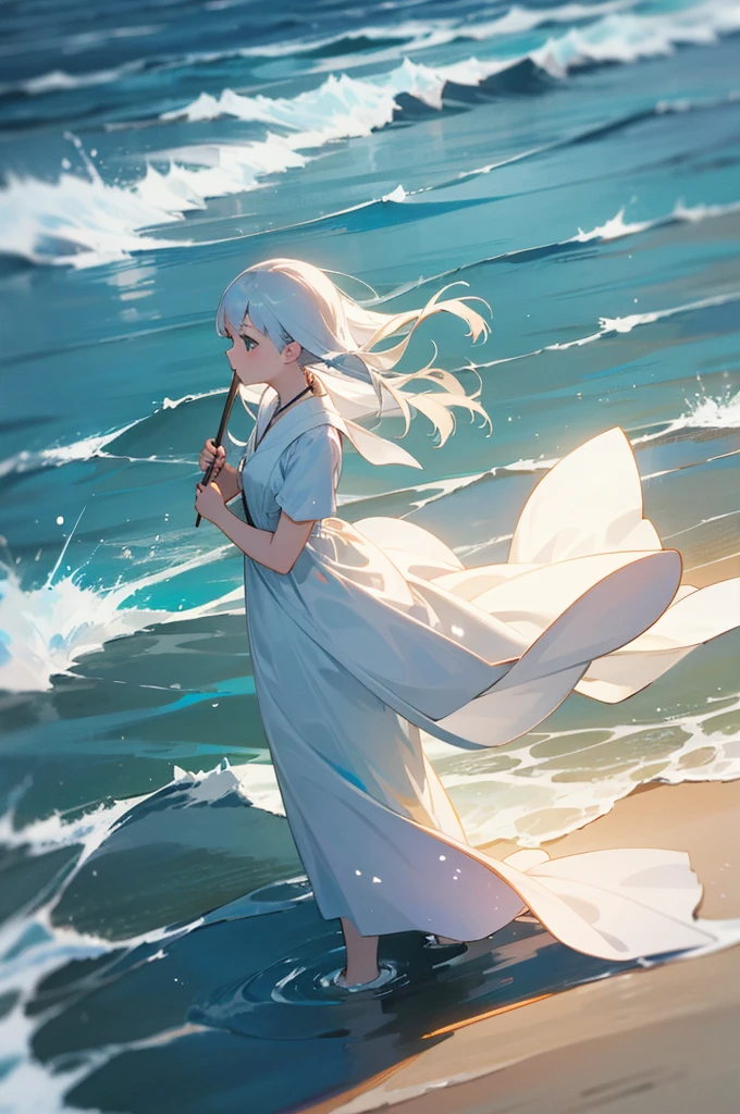 high resolution、Sea、in the sea、female、White Dress、The bottom of the dark sea、Light from above