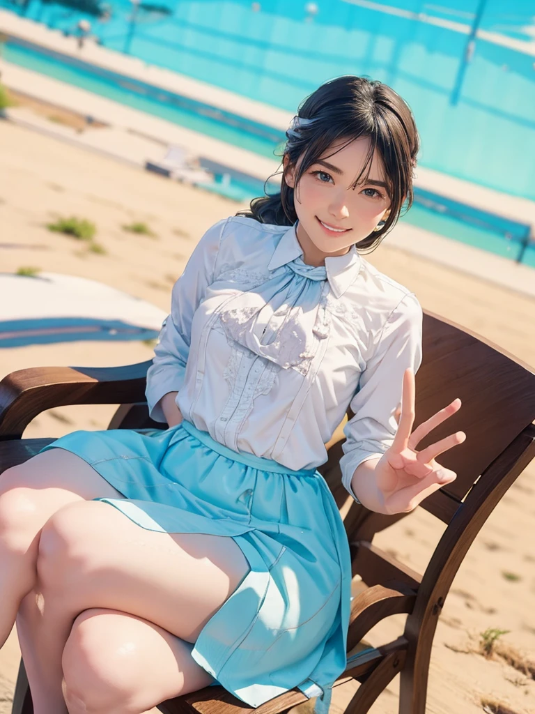 raw photo, 1girl, cute face, beautiful face, medium breast, collared blouse, White blouse, light smile, detailed skin, simple background, Above the knee, sit on a chair, Seductive pose, photorealistic, masterpiece, best quality, anatomically correct