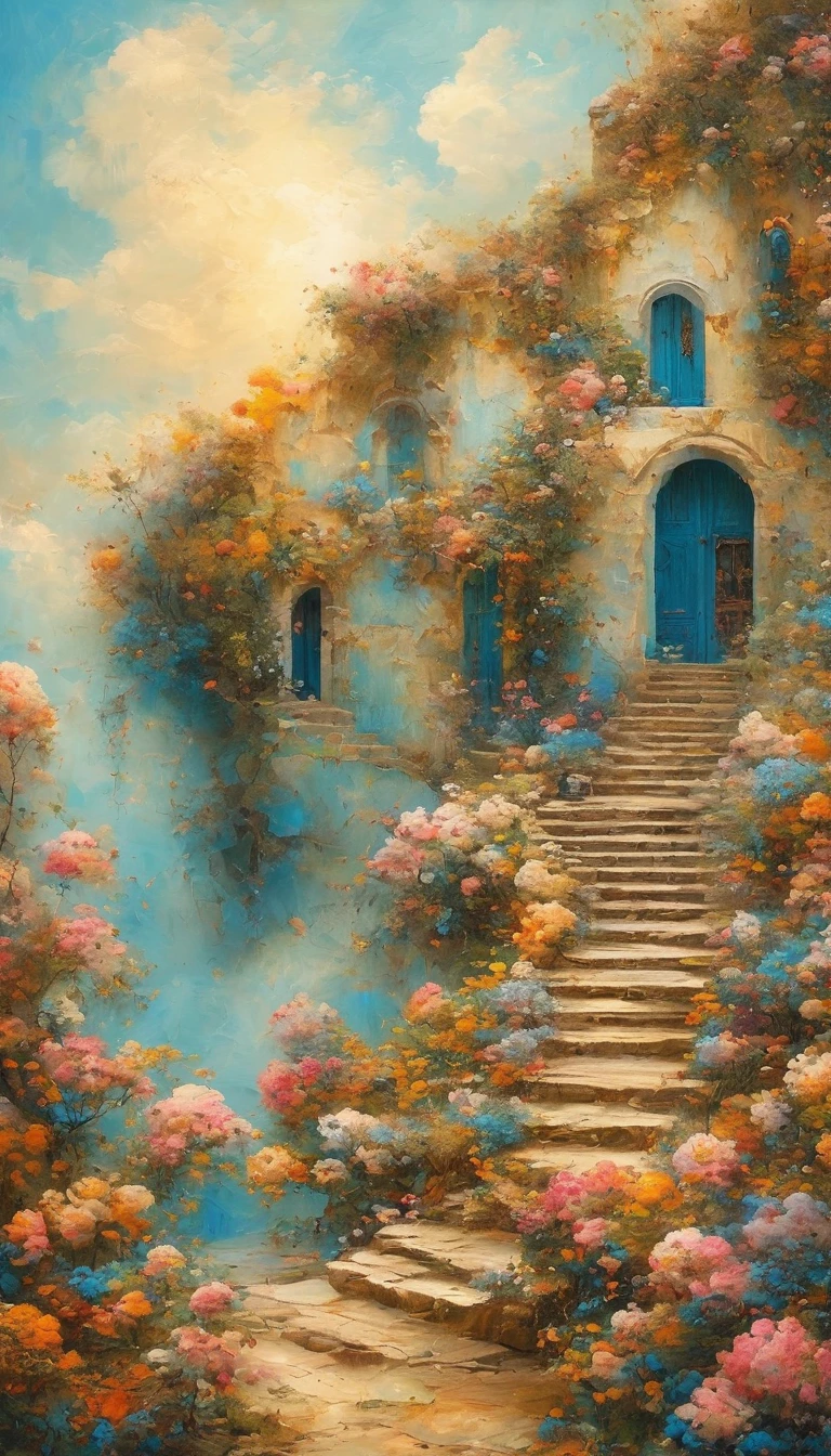 A beautiful ethereal landscape, a long white cloud staircase leading to a door in a Quiet blue sky, Fluffy soft white clouds, Like a dream, excellent, (best quality, 4K,8K, high resolution, masterpiece :1.2), Very detailed, (Practical, photopPractical, Photo Practical :1.37), landscape, fantasy, Dramatic Lighting, Vibrant colors, Quiet, calm, calm, Ethereal atmosphere