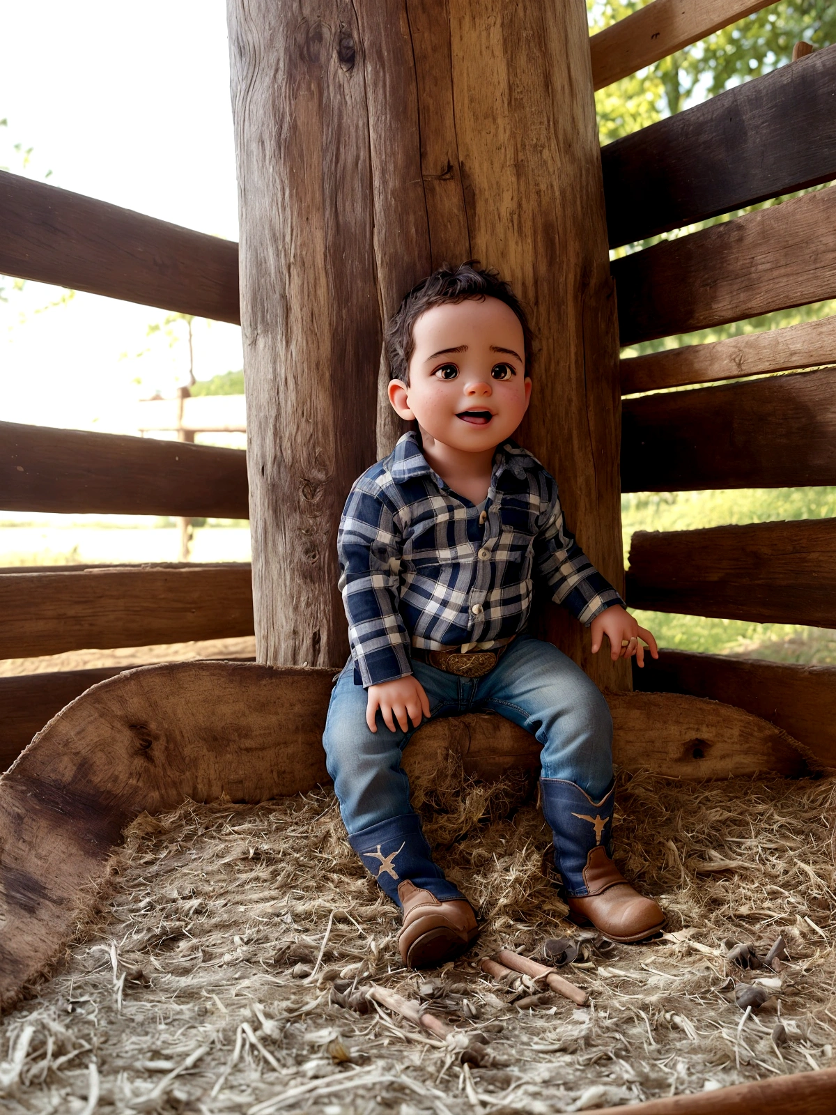 arafed toddler sitting in a wooden pen with hay, wearing farm clothes, , on a farm, 🤠 using a 🖥, having a great time, cowboy themed, jeans and boots, a handsome, laying under a tree on a farm, cowboy boots, photo shoot, riyahd cassiem, complex and detailed, four years old