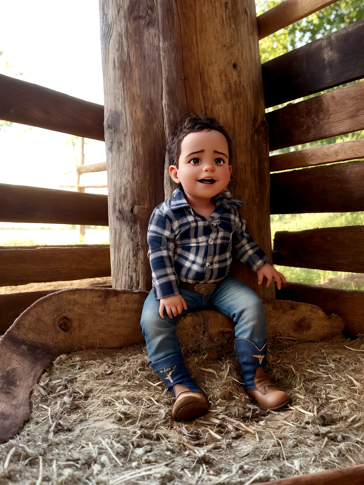 arafed ddler sitting in a wooden pen with hay, wearing farm clothes, 2 yeon a farm, 🤠 using a 🖥, having a great time, cowboy themed, jeans and boots, a handsome, laying under a tree on a farm, cowboy boots, photo shoot, riyahd cassiem, complex and detailed, four years old