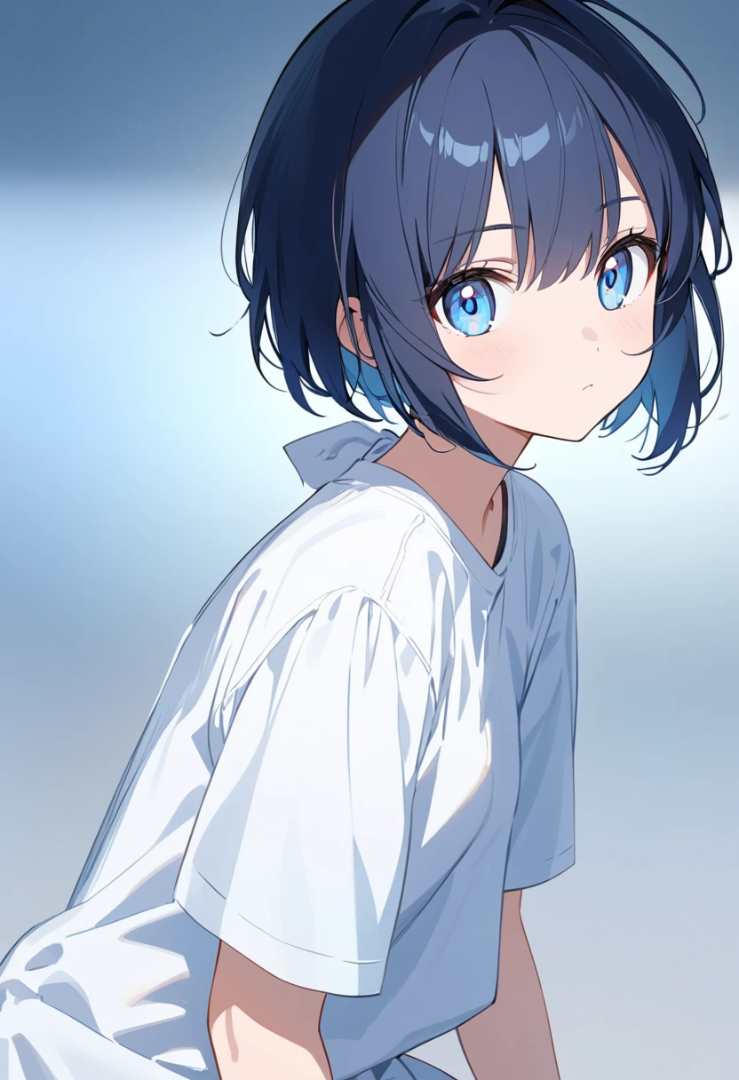 A young anime girl with long, straight, dark blue hair and light blue eyes. She is wearing a consisting of a white shirt, The background is a simple, light blue gradient.