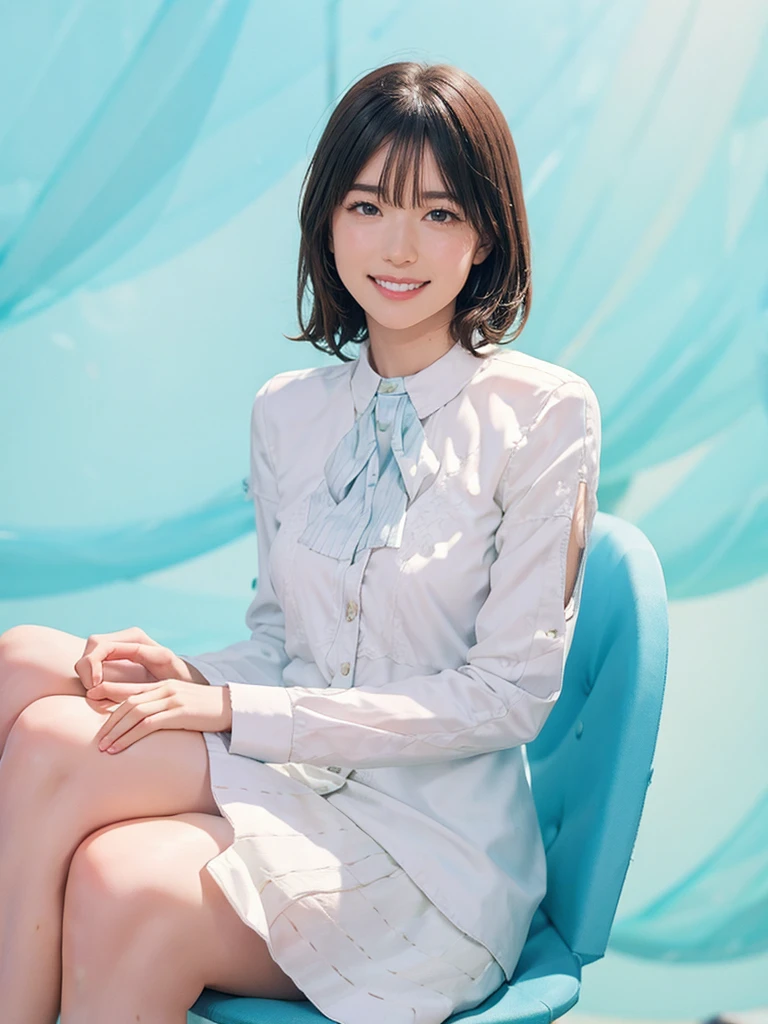 raw photo, 1girl, cute face, beautiful face, medium breast, collared blouse, White blouse, light smile, detailed skin, simple background, Above the knee, sit on a chair, Seductive pose, photorealistic, masterpiece, best quality, anatomically correct