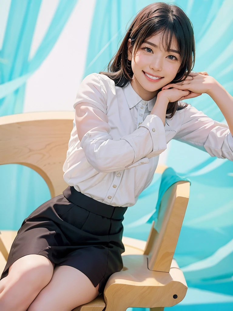 raw photo, 1girl, cute face, beautiful face, medium breast, collared blouse, White blouse, light smile, detailed skin, simple background, Above the knee, sit on a chair, Seductive pose, photorealistic, masterpiece, best quality, anatomically correct