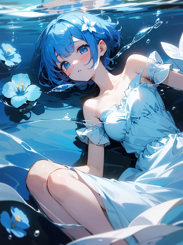 high resolution、highest image quality、blue hair、short hair、girl、one woman、cute、white dress、white dress、blue flower、頭にblue flower、Nemophila、beautiful、In the sea、(In the water)、Bubble、寝ている、((目を閉じる))