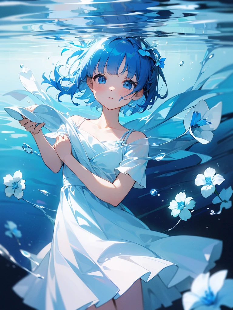 high resolution、highest image quality、blue hair、short hair、girl、one woman、cute、white dress、white dress、blue flower、頭にblue flower、Nemophila、beautiful、In the sea、(In the water)、Bubble、寝ている、((目を閉じる))