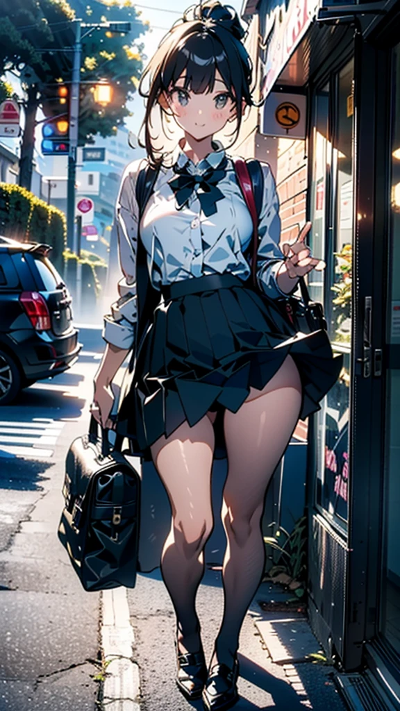 (8K, RAW Photos, 最high quality, masterpiece:1.2), high qualityのRAWカラー写真, Professional photo shoot, Cinematic Light, alone, (((young woman, Gal))), (Sharp features), (Small face), (Skin with attention to detail:1.2), clavicle, Cute face, Beautiful appearance, Long eyelashes,Girl Turning Around, smile, (Black Hair, Long straight line),  High School Uniform, loafers,Knit grey vest、 Backpack,  Night Park, Confident attitude, Capture the happy moment, Artistic painting,Attractive thighs, (A very fine touch:1.2),はにかんだsmile), Peaceful atmosphere, Oil painting style, Bright colors, (Are standing:1.5, Inside a convenience store, Full body portrait), Smooth texture, Gazing Eyes, Beautiful Skin, Shiny skin, ((Perfect Fingers, Five Fingers, Anatomically correct)), Background Blur, high quality, Surreal, ((Very detailed, photo shoot)),A large number of people、blush、plump、Black Hair、Tie-up hair、ponytail、mini skirt、heavy rain、、((チェック柄のmini skirt))、Checkered pleated skirt、Skirt Lift、Showing sexy panties、Thick legs、high resolution