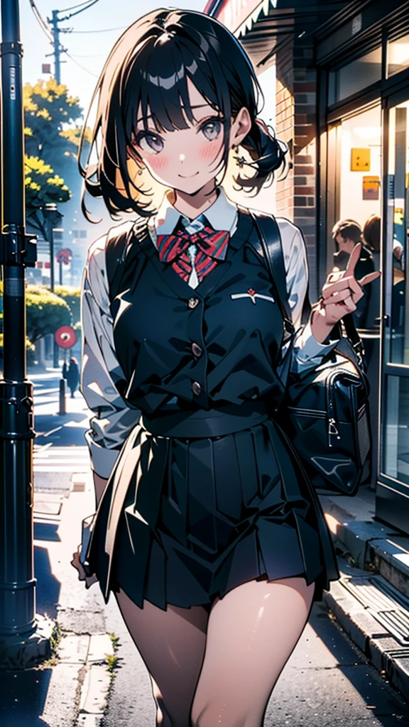 (8K, RAW Photos, 最high quality, masterpiece:1.2), high qualityのRAWカラー写真, Professional photo shoot, Cinematic Light, alone, (((young woman, Gal))), (Sharp features), (Small face), (Skin with attention to detail:1.2), clavicle, Cute face, Beautiful appearance, Long eyelashes,Girl Turning Around, smile, (Black Hair, Long straight line), High School Uniform, loafers,Knit grey vest、 Backpack, Night Park, Confident attitude, Capture the happy moment, Artistic painting,Attractive thighs, (A very fine touch:1.2),はにかんだsmile), Peaceful atmosphere, Oil painting style, Bright colors, (Are standing:1.5, Inside a convenience store, Full body portrait), Smooth texture, Gazing Eyes, Beautiful Skin, Shiny skin, ((Perfect Fingers, Five Fingers, Anatomically correct)), Background Blur, high quality, Surreal, ((Very detailed, photo shoot)),A large number of people、blush、plump、Black Hair、Tie-up hair、ponytail、mini skirt、heavy rain、、((チェック柄のmini skirt))、Checkered pleated skirt、Skirt Lift、Showing sexy panties、Thick legs、high resolution