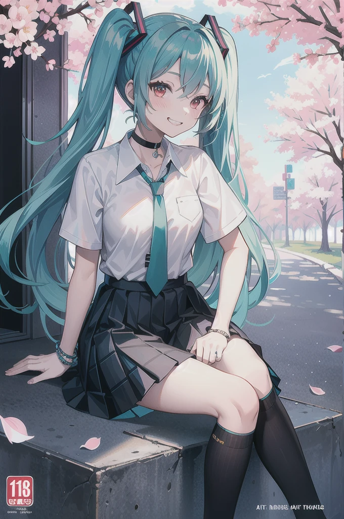 Hatsune miku,masterpiece, best quality,  full body,
1girl, bangs, black choker, black necktie, blue skirt, blush, bracelet, breasts, choker, clothes around waist, collarbone, collared shirt, cowboy shot, dress shirt, eyebrows visible through hair, gradient hair, grin, gyaru, jewelry, kogal, long hair, looking at viewer, loose necktie, necktie, plaid, plaid skirt, pleated skirt, red eyes, ring, , shirt, skirt, smile, solo, white shirt,
street, sky, cherry blossoms, petals,illustration, (magazine:1.3), (cover-style:1.3), fashionable, woman, vibrant, outfit, posing, front, colorful, dynamic, background,  elements, confident, expression, holding, statement, accessory, majestic, coiled, around, touch, scene, text, cover, bold, attention-grabbing, title, stylish, font, catchy, headline, larger, striking, modern, trendy, focus, fashion