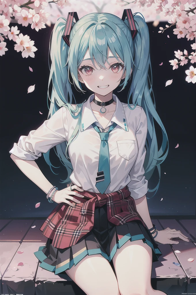 Hatsune miku,masterpiece, best quality, full body,
1girl, bangs, black choker, black necktie, blue skirt, blush, bracelet, breasts, choker, clothes around waist, collarbone, collared shirt, cowboy shot, dress shirt, eyebrows visible through hair, gradient hair, grin, gyaru, jewelry, kogal, long hair, looking at viewer, loose necktie, necktie, plaid, plaid skirt, pleated skirt, red eyes, ring, , shirt, skirt, smile, solo, white shirt,
street, sky, cherry blossoms, petals,illustration, (magazine:1.3), (cover-style:1.3), fashionable, woman, vibrant, outfit, posing, front, colorful, dynamic, background, elements, confident, expression, holding, statement, accessory, majestic, coiled, around, touch, scene, text, cover, bold, attention-grabbing, title, stylish, font, catchy, headline, larger, striking, modern, trendy, focus, fashion