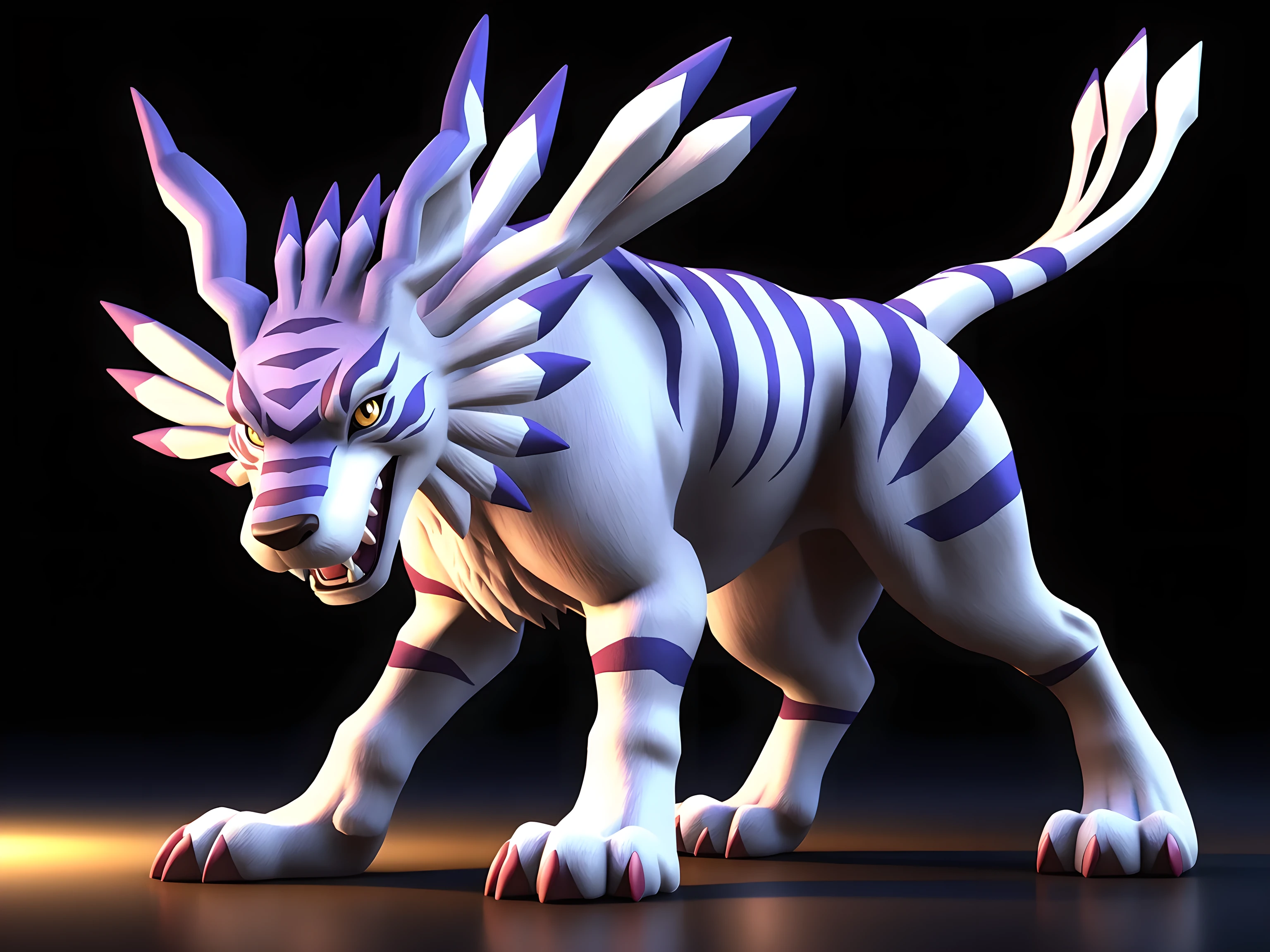 Garurumon, full body, feral:1.1, quadruped, standing, open mouth, fangs, high quality, yellow eyes, big eyes:1.1, detailed eyes, pink claws, big paws, black background, cel shaded, tail, smile, correct anatomy, correct proportions, 3D render, 3D, correct lighting, correct shadows, realistic lighting