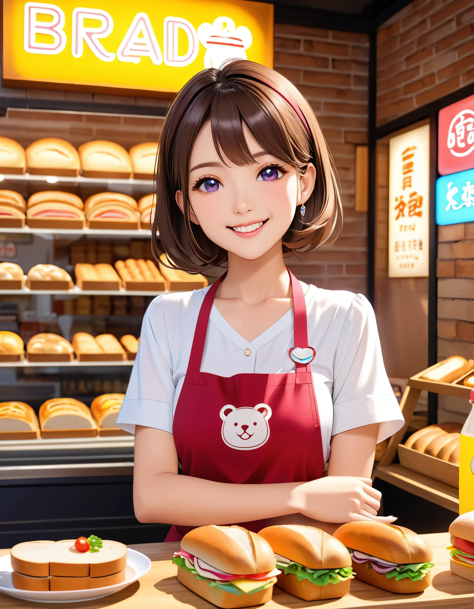 Bread店,A pretty girl,Female shop assistant,happy smile,Detailed face,制作Sandwiches,_Give,A cute bear shop sign on the wall,小熊Bread,neon light,Bread,Sandwiches,Bottled drinks,anime,Nice background,Depth of Field,CG unity,Hand drawn illustration,