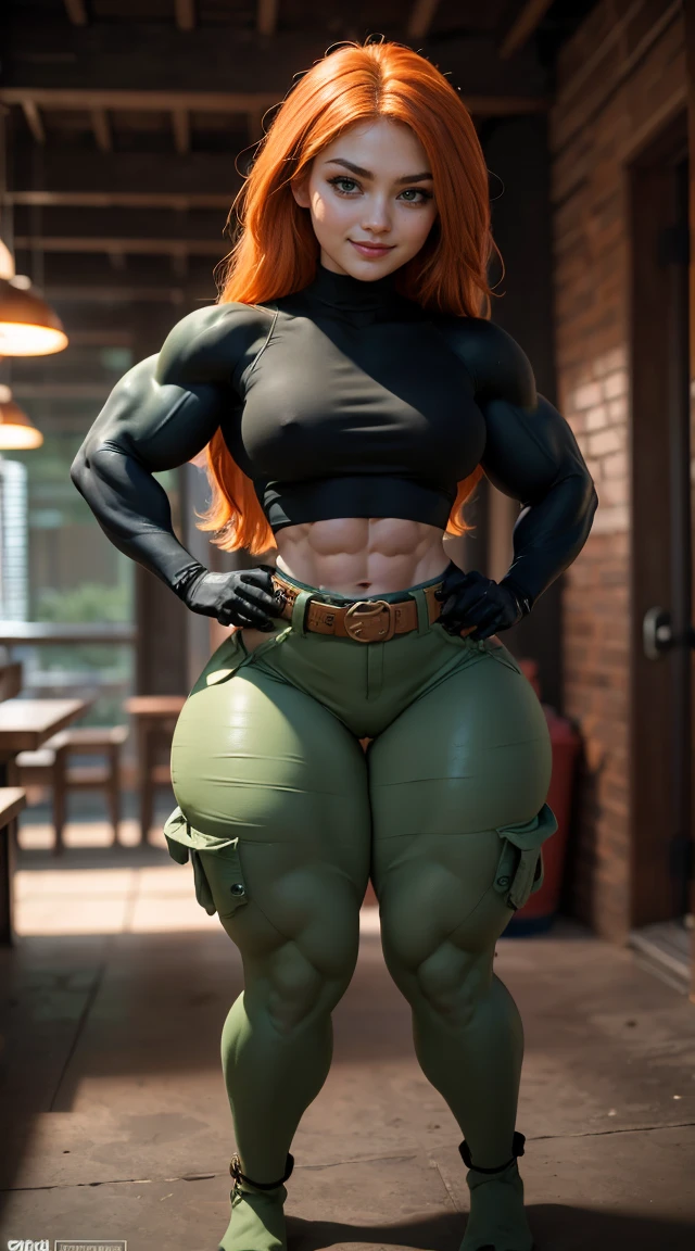 (Muscular:2.1), (thick thighs:2.1), 
(long hair:1.3) orange-red hair, green eyes, confident expression, pale skin,
eyeshadow,
detailed eyes, (cheeky smirk:1.6), detailed skin,
small breasts, hard nipples,
(black crop top, black gloves, brown belt, long sleeves:1.3), (green cargo pants:1.5),
(upper body view:1.7), looking at viewer, (three quarter view:1.3),
(high tech room), rim lighting, two tone lighting, dimly lit, bokeh