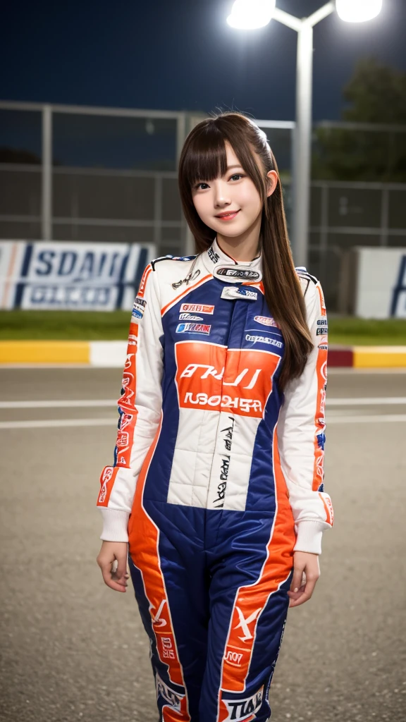 girl 18-year-old Hairstyle Casual, wearing racing suit on race track at night