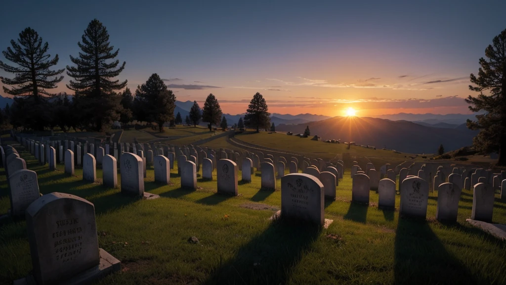 "An ancient Judean burial site at dusk, where tombstones and ancient ossuaries are scattered across a serene hillside. The setting sun casts long shadows, symbolizing the peaceful rest of those who have 'fallen asleep' in death, as described in biblical texts. A faint glow on the horizon represents the soul's journey returning to God, echoing the biblical view of death as a spiritual reunion with the divine."