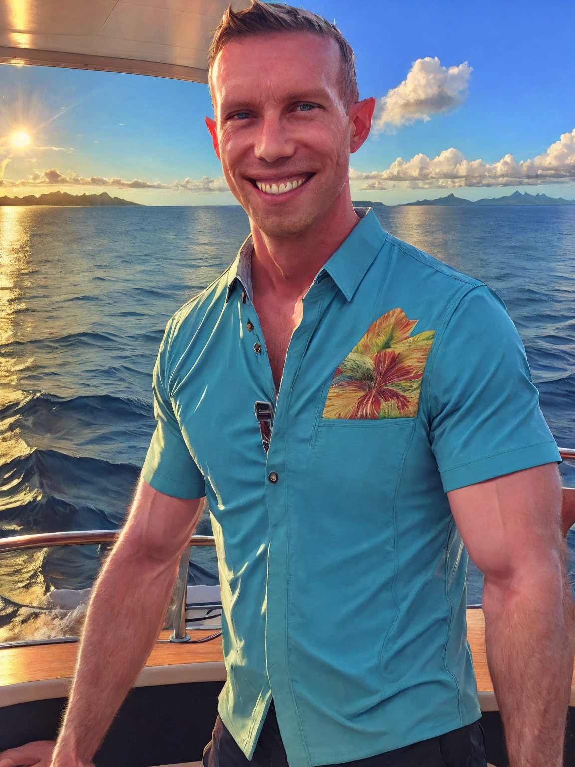 a handsome man, Todder8, Todder1 short hair, perfect facial features, RAW, UHD, 8K, looking at camera, on a yacht at sea, vacation photography, island paradise, colorful Hawaiian shirt, photorealistic, dynamic lighting, perfect day, [smiling]