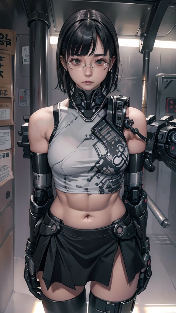 From above、Highest quality, Tabletop, Actress Photos, beautiful, Nipples、Background white、Earringsの女性、Earrings, Black shorts、Blunt bangs、(Black Skirt)、1girl in, alone, Photorealistic, High resolution, Akame, Korean, cowboy (Highest quality,High resolution:1.2),Very detailed,(Realistic:1.37) (girl),Anime Style, (Fat:1.4) , cyber punk , Full body tight suit , (覆われたNipples:0.9) , (chest:1.1) , (Muscular:1.3) , (Abdominal muscles:1.1) , (Thick arms:1.4) , Thick thighs , Big Hips ,short hair , Dark Skin , Black glasses , Spread your legs , cyborg girl , Robot Joints , Robot shoulder ,