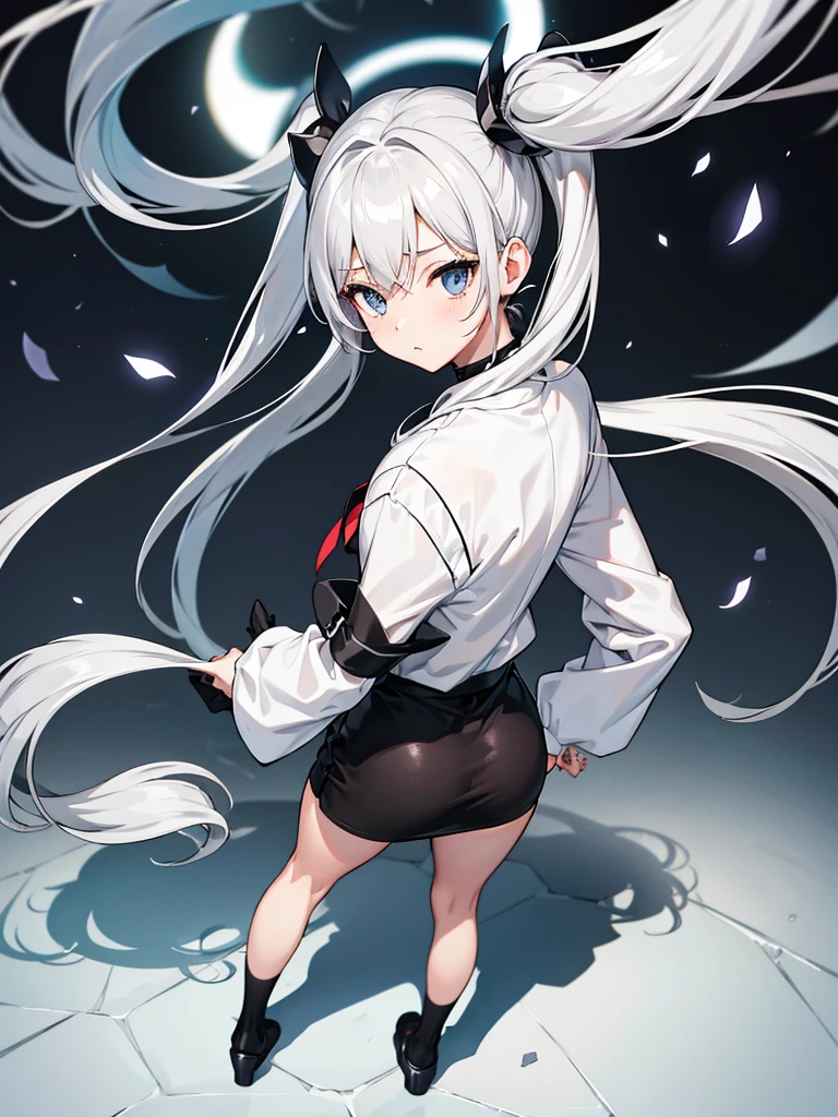 White capellets、Black high neck shirt、 black tights, full body、looking back, from above、clear face, silver hair, twintails, Black tight mini skirt, anime, tachi-e, masterpiece, best quality, 4K