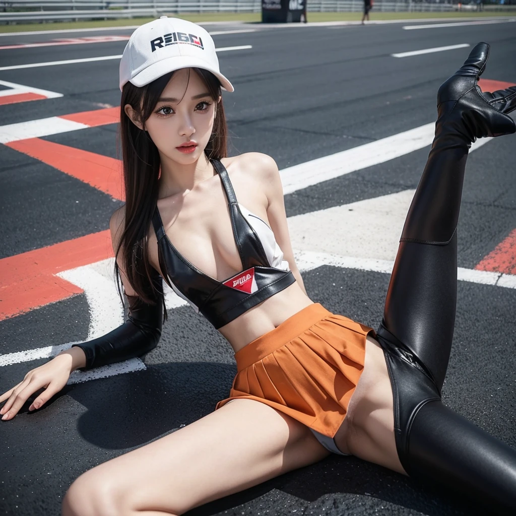 Super detailed photos、Detailed face、Lip gloss、Cool woman、Colorful costumes、F1 Driver Cosplay、Colorful costumes、Clothing with company logo、Grid Girlsのカラフルで派手な衣装、Grid Girls、Perfect Face、Paddock Girls、Harem、motor Show、tights、Bodycon Costumes、Grid Girls、Russia、Grid Girlsのコスプレ、belly button、Pleated skirt、Bodycon Costumes、Legs open pose、Spread your legs to show your crotch