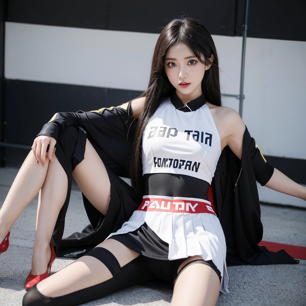 Super detailed photos、Detailed face、Lip gloss、Cool woman、Colorful costumes、F1 Driver Cosplay、Colorful costumes、Clothing with company logo、Grid Girlsのカラフルで派手な衣装、Grid Girls、Perfect Face、Paddock Girls、Harem、motor Show、tights、Bodycon Costumes、Grid Girls、Russia、Grid Girlsのコスプレ、belly button、Pleated skirt、Bodycon Costumes、Legs open pose、Spread your legs to show your crotch
