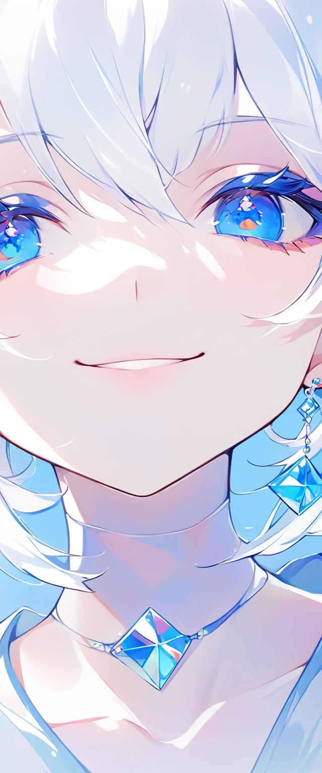 minimalist,fashion girl,white hair,blue background,Wearing special earrings,Bohemian style,Defined eyelashes,Full bright blue eyes,Clean and transparent eyes,close up,Portrait facing camera,Smile flat illustration,Geometry,clean,japanese manga