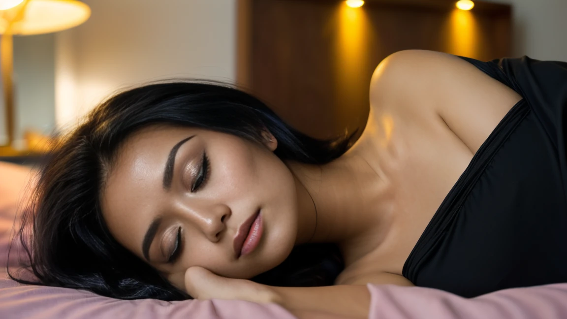 arafed woman with pink hair ((lying in a bed)), flowing black hair, with black hair with deep blue high lights, photo of a beautiful woman, long flowing black hair, black golden hour, curly black hair, beautiful young asian woman, beautiful asian woman, wild ginger hair, pink wispy hair, light pink hair, a young asian woman, an asian woman, infp young woman, (straight half of the torso: 1.4), Portrait photo of a 24-year-old french girl in RAW UHD format (Brown-eyed woman), Sleeping in a bed, cosy night,  Details (textures! , Hair! , glistering, Color!! , imperfections: 1.1), closed eyes , DSLR Lighting, SLR camera, Ultra-Quality, sharpness, Depth of field, Film grain , Fujifilm XT3, Crystal clear, Frame Center, beatiful face, sharp-focus, night lamp, low lighting, bokeh (dimly lit), night time, detailed skin pores, oilly skin, suntan, Complex eye details, perfect closed eyes, sleeping