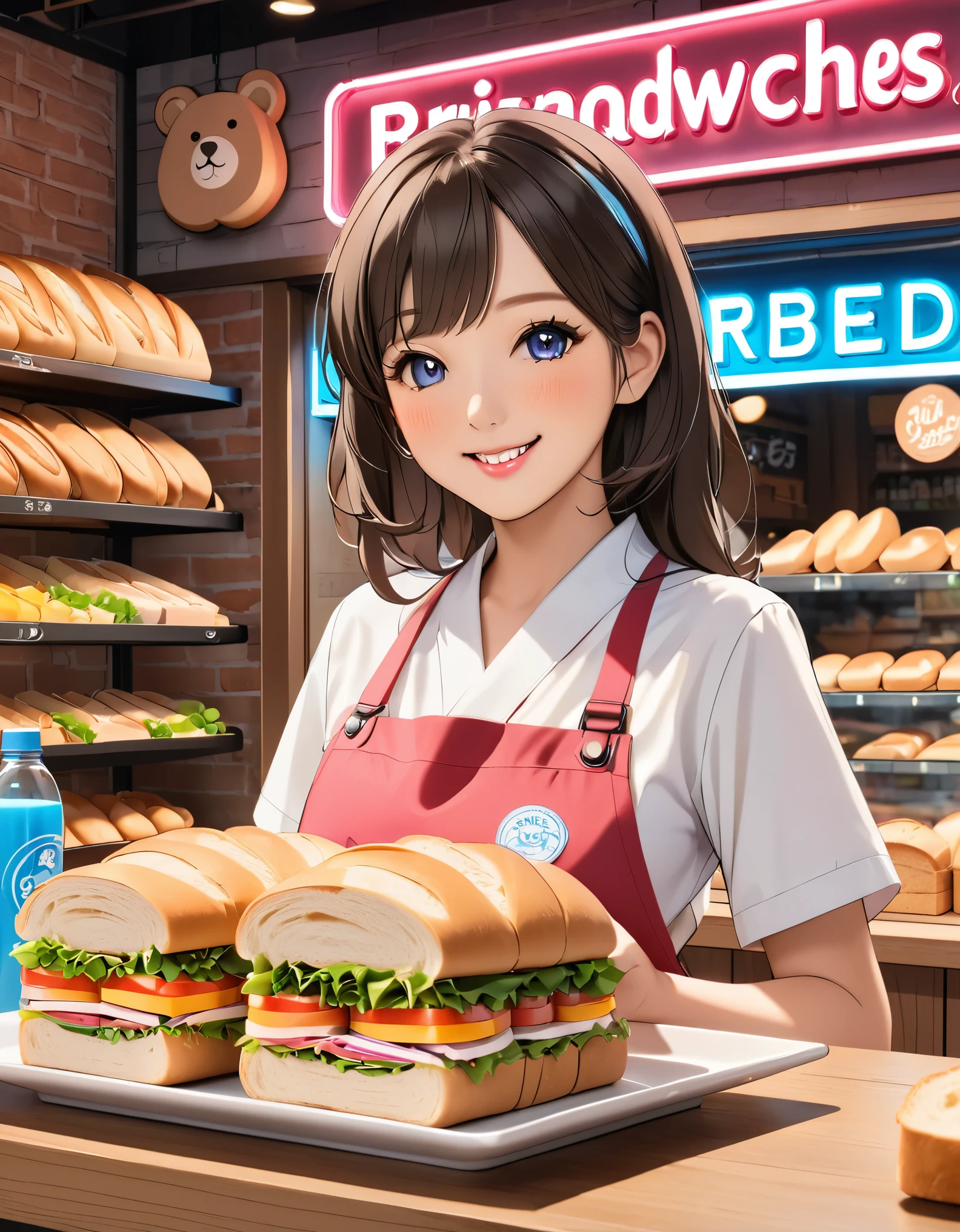 Bread店,A pretty girl,Female shop assistant,happy smile,Detailed face,制作Sandwiches,_Give,A cute bear shop sign on the wall,小熊Bread,neon light,Bread,Sandwiches,Bottled drinks,anime,Nice background,Depth of Field,CG unity,Hand drawn style,