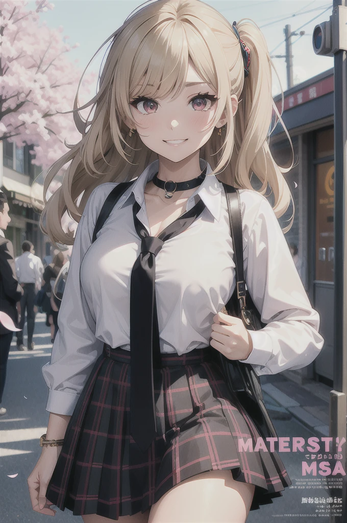 masterpiece, best quality,  full body,
1girl, bangs, black choker, black necktie, blonde hair, blue skirt, blush, bracelet, breasts, choker, clothes around waist, collarbone, collared shirt, cowboy shot, dress shirt, ear piercing, eyebrows visible through hair, gradient hair, grin, gyaru, jewelry, kogal, long hair, looking at viewer, loose necktie, necktie, piercing, plaid, plaid skirt, pleated skirt, red eyes, ring, , shirt, skirt, smile, solo, white shirt,
street, sky, cherry blossoms, petals,illustration, (magazine:1.3), (cover-style:1.3), fashionable, woman, vibrant, outfit, posing, front, colorful, dynamic, background,  elements, confident, expression, holding, statement, accessory, majestic, coiled, around, touch, scene, text, cover, bold, attention-grabbing, title, stylish, font, catchy, headline, larger, striking, modern, trendy, focus, fashion, Hatsune Miku