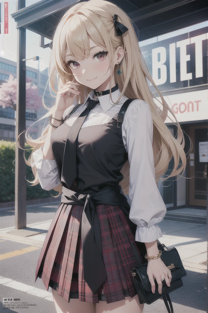 masterpiece, best quality, full body,
1girl, bangs, black choker, black necktie, blonde hair, blue skirt, blush, bracelet, breasts, choker, clothes around waist, collarbone, collared shirt, cowboy shot, dress shirt, ear piercing, eyebrows visible through hair, gradient hair, grin, gyaru, jewelry, kogal, long hair, looking at viewer, loose necktie, necktie, piercing, plaid, plaid skirt, pleated skirt, red eyes, ring, , shirt, skirt, smile, solo, white shirt,
street, sky, cherry blossoms, petals,illustration, (magazine:1.3), (cover-style:1.3), fashionable, woman, vibrant, outfit, posing, front, colorful, dynamic, background, elements, confident, expression, holding, statement, accessory, majestic, coiled, around, touch, scene, text, cover, bold, attention-grabbing, title, stylish, font, catchy, headline, larger, striking, modern, trendy, focus, fashion, Hatsune Miku