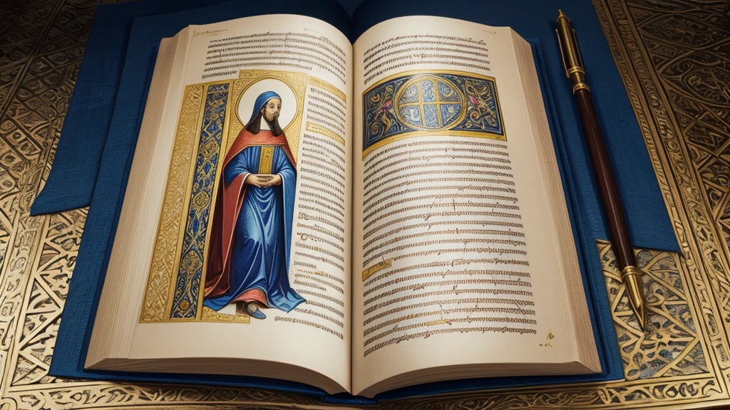 "A manuscript illuminated with vibrant colors and intricate calligraphy, featuring biblical passages and theological reflections on death and resurrection. The manuscript includes verses from both the Old and New Testaments, highlighting the evolution of theological insights leading to the New Testament's promise of eternal life. Symbols of resurrection and spiritual renewal adorn the margins, illustrating the foundational concepts that guide our understanding of the Bible's teachings on the afterlife."