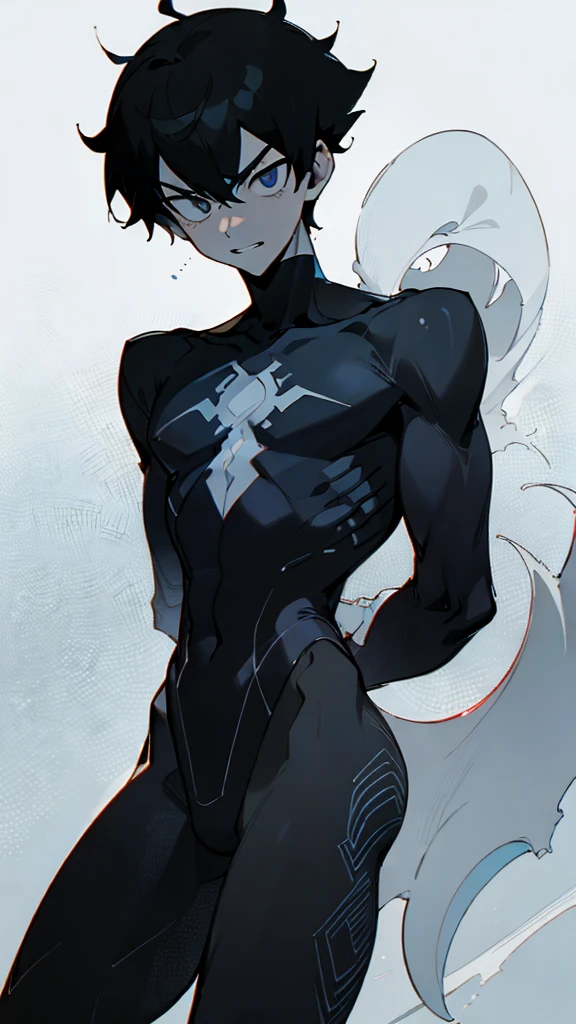 ,(((masterpiece))), ((((((best quality)))))),slim:1.3,(rubber:1.3),spandex:1.3,((pure black zentai:1.2)),(youthful physique:1.3), ((perfect body structure:1.4)),no muscle:1.3, protruding crotch, slender, balanced composition,((expressive lines:1.3)), minimalistic beauty,((Ebitendon:1.4)),(anime boy:1.3),wholesome,minimalistic,((anime style:1.4)), megaman,(tied to bed),white background:1.2,venom,((twink:1.4)),perfect face, ((finedetail)),(cinematic lighting),((8k_wallpaper)),(((highres))),,(short hair),((male:1.6)),(((male face:1.2))), The image depicts a young boy,
(((((male focus))))) ,1boy,boy,clear shape,((Asian boy)),(depth_of_field),((soft and clear lines)),grim, (evil grin),solo,(arms behind back:1.2),(black eye bags),solo,(black),horny, corruption,corrupted,villain, Dark, Sinister, Malevolent, Cruel, Ruthless, Vicious, Deceptive, Treacherous,Merciless, Sadistic, Malicious, Nefarious,Wicked, Insidious, Bags under eyes,((dark:1.2)),((male body:1.3)),(muscleless:1.2),jock,heavy breathing,caelus,midoriya izuku,dark hair,dark eyes,(blank eyes), manhwa uke, bettermalebody,