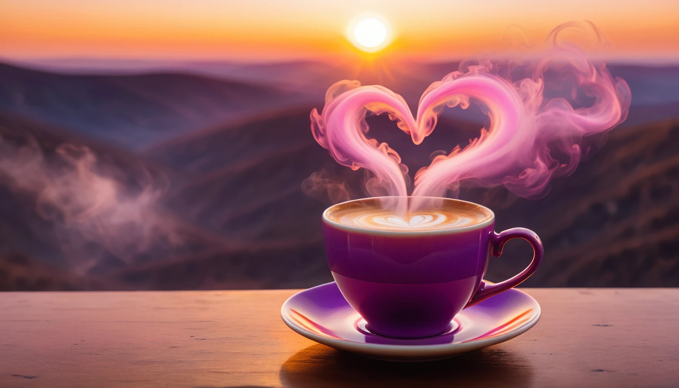 A single close up magical coffee cup on a table with (perfect heart shaped steam) The (sun is rising) in the background, casting (ethereal golden light) across the scene. The atmosphere is (Fantastical) and (Surreal), with (whimsical colors) blending harmoniously. The (sky outside has vibrant hues of pink, purple, and orange)