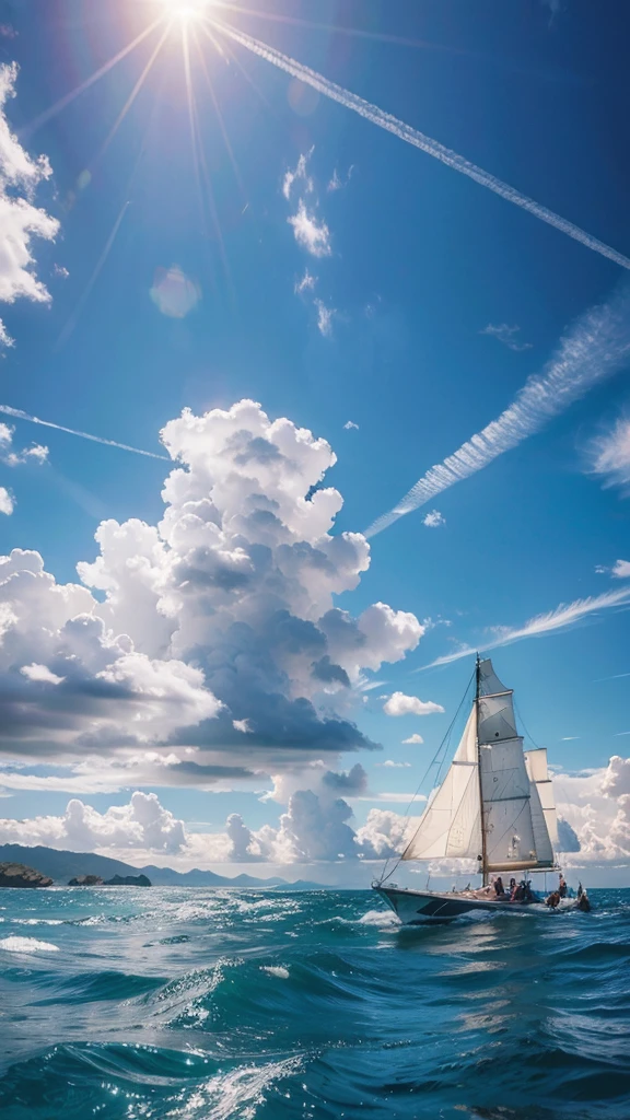 (Highest quality,masterpiece:1.3,Ultra-high resolution),(Super detailed,Caustics,8K), (Photorealistic:1.4, RAW shooting),Clear blue sea,Blue sky,White cloud,White Sailboat,sun,Wave,Natural light,Low position,Low - Angle