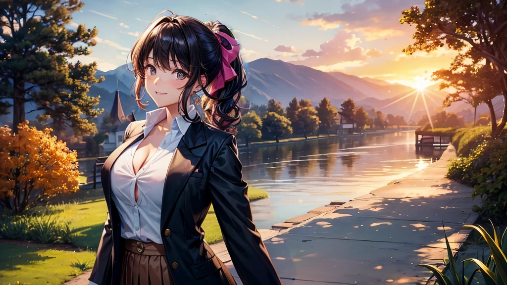 1girl, solo, summer, village, trees, sun, clouds, fantasy, ((colorful hair)), curly hair, ponytail, big full breasts, ((black blazer)), button down shirt, ((white shirt)), ((short sleeved shirt)), ((unbuttoned shirt)), unbuttoning buttons, cleavage 1:3, brown eyes, skirt, smile, looking at the viewer, standing, hair ribbon, golden necklate