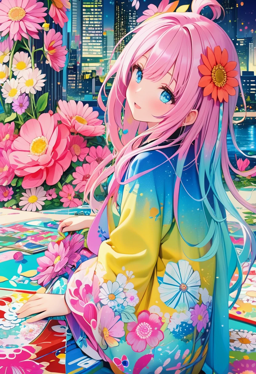 anime smiling girl with pink hair and blue eyes sitting on a rug, anime style 4 k, open mouth, anime art wallpaper 4 k, anime art wallpaper 4k, anime art wallpaper 8 k, anime wallpaper 4k, anime wallpaper 4 k, beautiful anime girl, beautiful anime artwork, dreamy psychedelic anime, beautiful anime art, detailed digital anime art, anime style. 8k