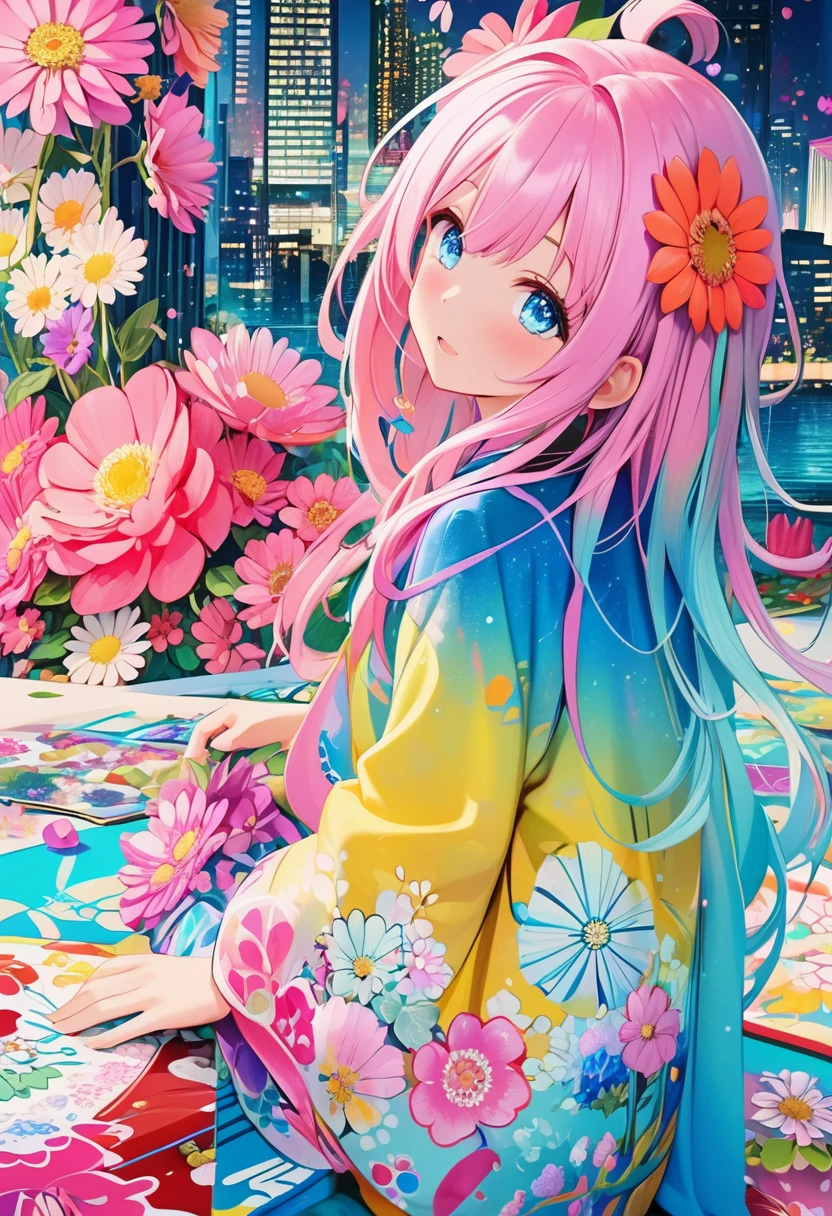 anime smiling girl with pink hair and blue eyes sitting on a rug, anime style 4 k, open mouth, anime art wallpaper 4 k, anime art wallpaper 4k, anime art wallpaper 8 k, anime wallpaper 4k, anime wallpaper 4 k, beautiful anime girl, beautiful anime artwork, dreamy psychedelic anime, beautiful anime art, detailed digital anime art, anime style. 8k