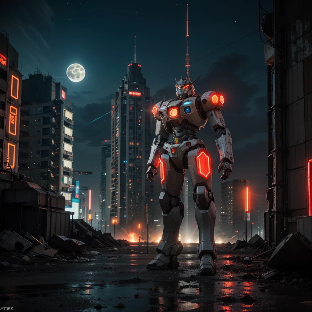 On the Moon, Barren Planet, Ruins, Holding Weapons, No Humans, Glowing, Robots, Buildings, Glowing Eyes, Red Mech, Science Fiction, City, Reality, Mecha, Galactic Background, Full Body, Neon, Cyberpunk, Transformers, Autobots,